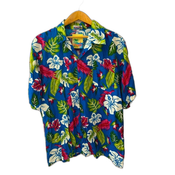 Harshal Caribana NWT Blue Pink Green Tropical Print SS Hawaiian Shirt XL - Picture 1 of 11
